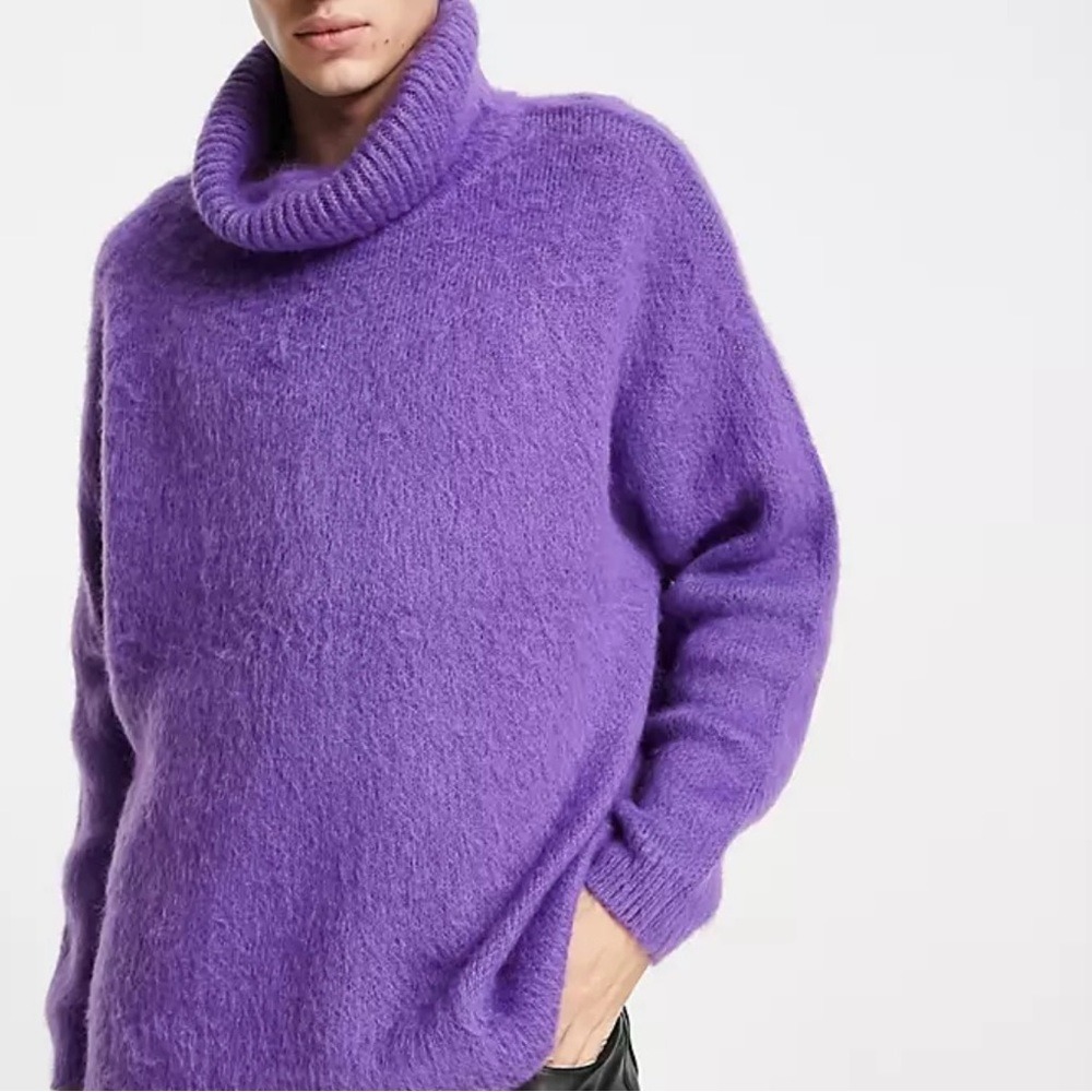ASOS DESIGN.  XS. Oversized Fluffy Knit Roll Neck Sweater in Purple. Wool blend…